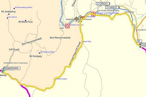 GPS triplog van Eksteenfontein na Vioolsdrif. 64km, 2 uur 20 minute.