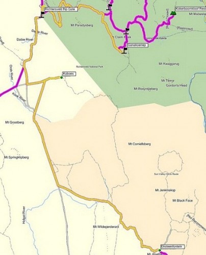 GPS triplog van Ganakoeriep in park na Eksteenfontein via Kuboes. 142km, 4 ure.