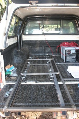 The base frame welded and fitted, with the slide top lose on top for test fitting.