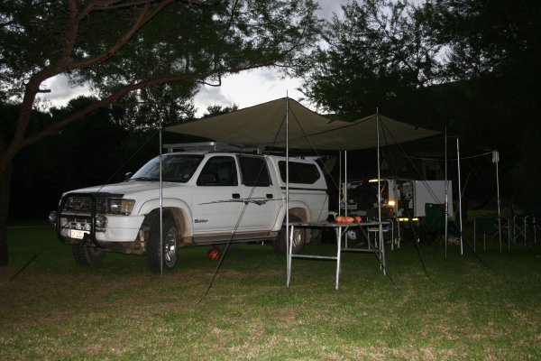 Camping at Doringkloof. Shown here is the bakkie's awning which gives bigger undercover shelter.